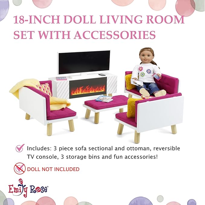 Emily Rose 18 Inch Doll Pink Living Room Furniture Set - Complete Entertainment Center with Reversible Console TV Sectional Couch Daybed - Fits American Girl Our Generation Dolls - 13 Piece Set