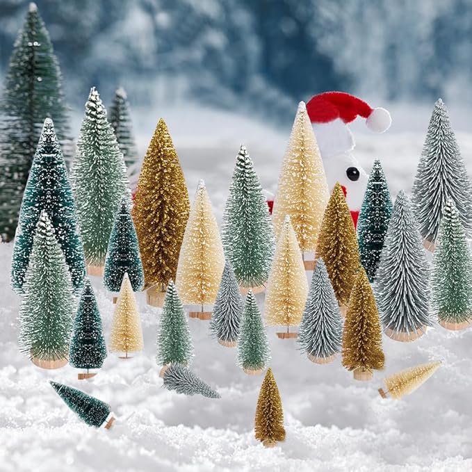 Yahpetes Artificial Mini Christmas Trees, 30 Pcs Sisal Snow Pines in 5 Sizes, Crafting Displaying Decoration, Tabletop Xmas Tree for Home, Party