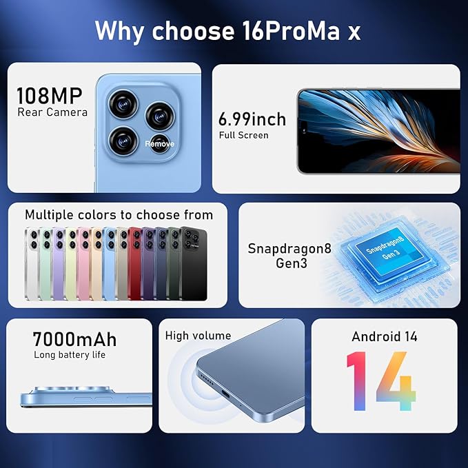 OEJBK 16PROMA X Smartphone New Upgrade 16GB+512GB/6.99" Display 68+108MP Zoom Camera,Tempered Glass Finish, 7000mAh Android 14 Smartphone (Blue)