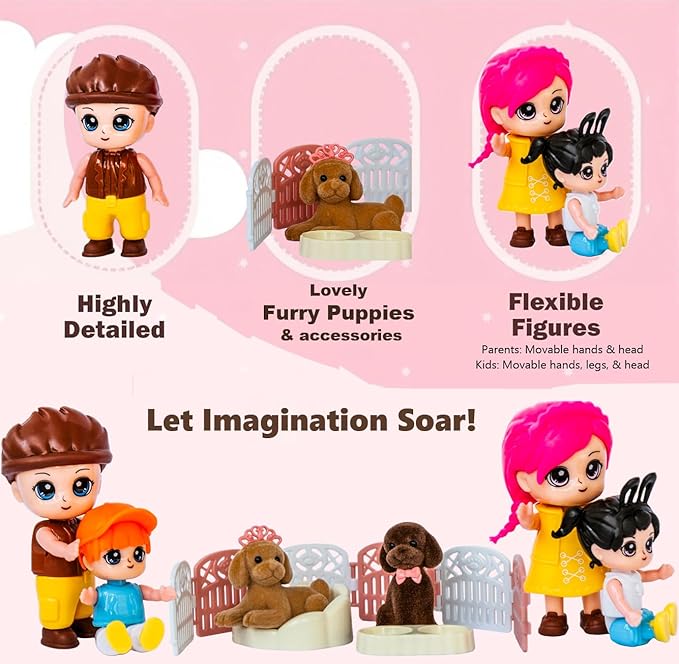 FUNERICA Dollhouse People & Pets – Velvety Furry Puppies, Pet Accessories & Posable Doll House Family Set – Dolls for Dollhouse, Little People Figures, Doll House Accessories and Furniture