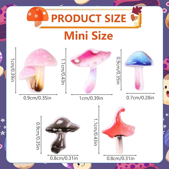 210pcs Tiny Mushroom Decor, Mini Resin Mushroom Figurines Cute Colorful Miniature Trinkets Toy Decorations Landscape Decor for Fairy Garden Dollhouse Terrarium Micro Landscaping Accessories (5 Styles)