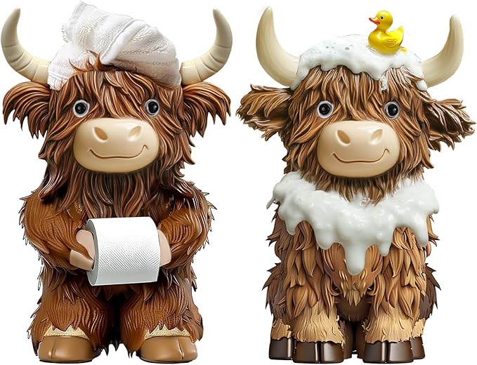Burbell 2 Pcs Highland Cow Bathroom Figurines Bathroom Theme Highland Cow Christmas Gnomes Bath Resin Statue Calf Gifts for Christmas Farmhouse Home Garden Kitchen Office Tiered Tray Table Decor