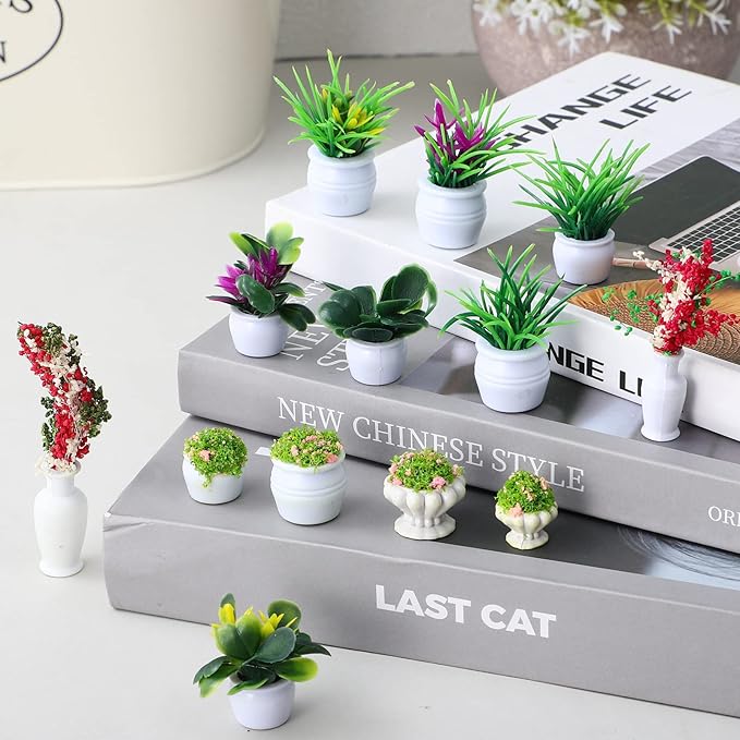 STOBOK 13Pcs Miniature Dollhouse Plant Flowers: Miniature Bonsai Plants Mini Artificial Potted Flower Fake Tiny Greenery Ornament Crafts for Doll House Furniture Home Decor, Random Color