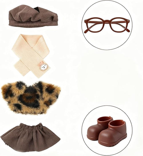 17cm Doll Clothes (NO Doll), Cute and Premium Dolls Outfit with Accessories Suit Cute Stylish Dress Up Set Patterned Skirt (Brown Kawaii)