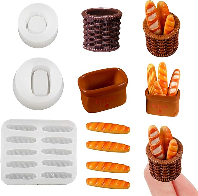 3Pcs Mini Bread and Basket Shape Resin Silicone Molds 3D Simulation Bread Basket Epoxy Casting Molds for DIY Micro Resin Dollhouse Fairy Garden Kitchen Miniatures Landscape Tiny Things Decor