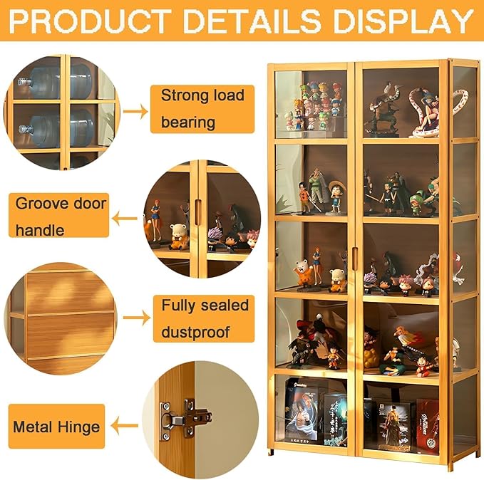 5-Tier Curio Display Cabinet with Acrylic Doors - 64” Transparent Display Case for Figures, Display Shelves for Collectibles & Storage Cabinets for Home, Office, Playroom, Living Room, Brown
