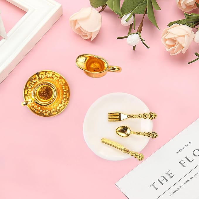 24 Pieces Mini Tea Set Golden Metal Dollhouse Miniatures Tiny Tea Set Mini Doll Plates Knife Fork Spoon for Dollhouse Furniture and Kitchen
