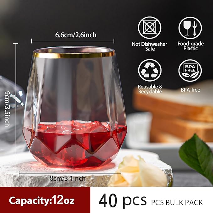 Lueumxc 40 Pack Plastic Wine Glasses, 12Oz Origami Disposable Wine Glasses Unbreakable Clear Plastic Cocktail Glasses Recyclable Shatterproof Reusable Wine Cups (12oz-40pack)