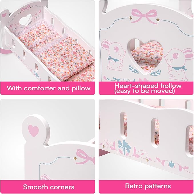 ROBOTIME Baby Doll Crib, Doll Bed for 18–24 Inch Dolls, Wooden Doll Cradle with Mattress, Pillow & Quilt, Pretend Play Doll Furniture Gift for Girls & Boys Ages 3+