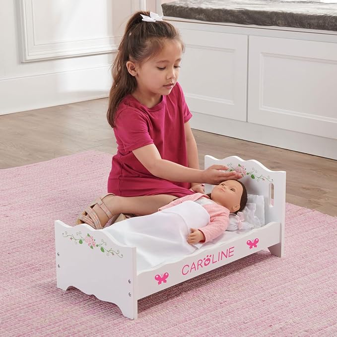 Badger Basket Wooden Doll Bed with Blanket and Pillow with Free Personalization Kit - Fits 18" to 20" Dolls - Ideal for Baby Dolls and Pretend Play Fun - White and Pink Rose Design