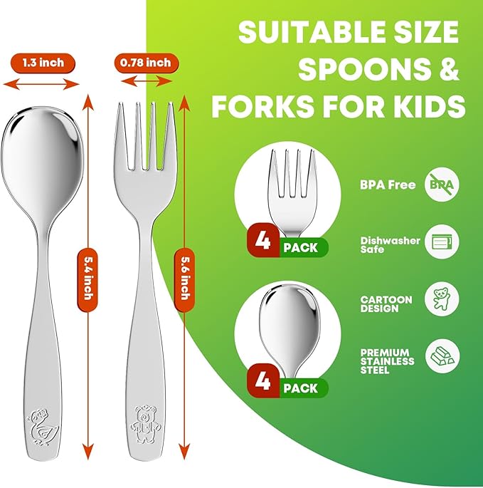 WXCWYQR 8 Pieces Toddler Utensils, Kids Stainless Steel Silverware Set - 4pcs Forks and 4pcs Spoon, Cute Children Flatware Sets with Mirror Polished, Self Feeding Safe, Dishwasher Safe