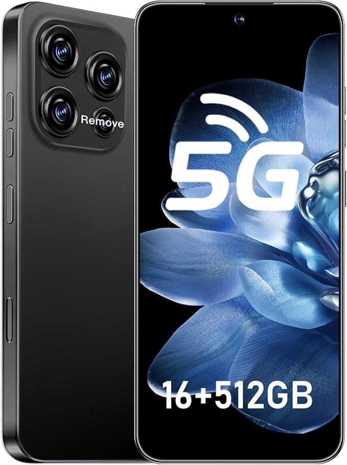 JQAKP 16PROMA X 5G Phone,Smartphone Unlocked Cell Phone 16GB+512GB/6.99“ HD Screen Display/68MP+108MP Camera/7000 mAh, Dual SIM Card/Face Unlock/Fingerprint Button Unlock (Black)