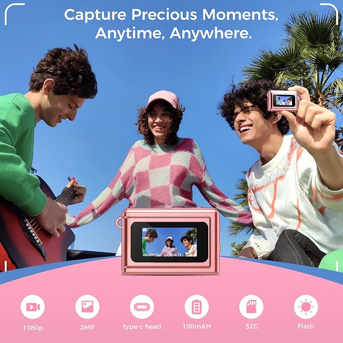 HOTU Mini Keychain Digital Camera, Y2K Pocket-Size Mini Camera, 2MP 1080P Small Camera with 32GB Card, Video Recorder with Long Battery Life for Travel, Party and Vlog (Rose Gold)