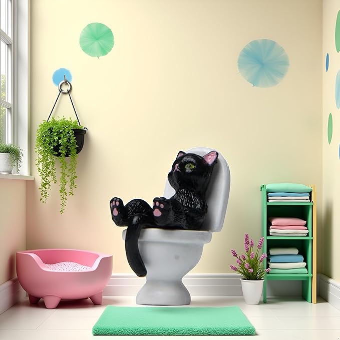 Black Cat On Toilet Ornaments Landscaping Garden Decoration Mini Cat Statue Dollhouse Accessories Household Desktop Model Home Decorations Cat Figurine Garden Miniatures