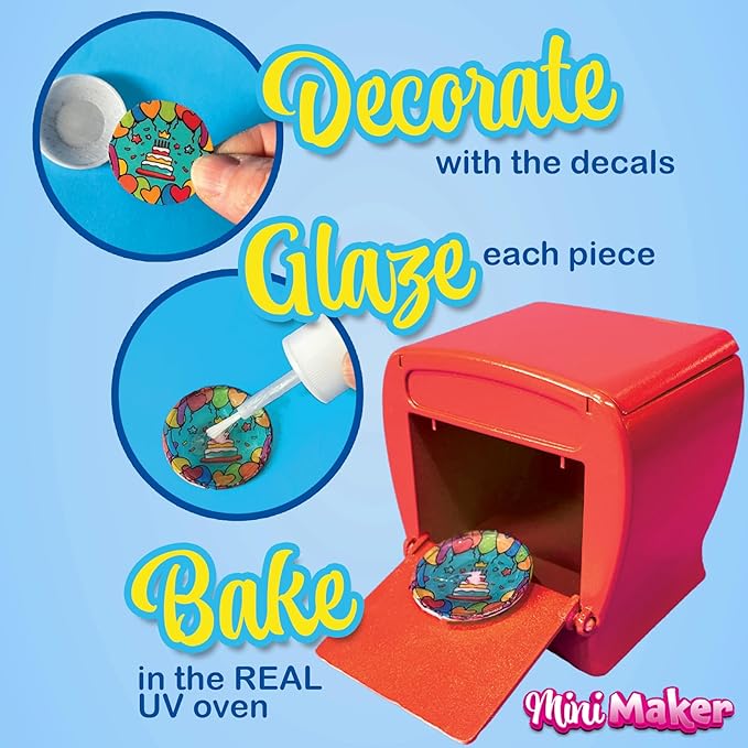Mini Maker Party Creations – Paint Your Own Set with UV Oven – DIY Ceramic-Like Craft Kit for Girls & Boys – Decorate 30 Tableware Pieces – Decals & Glaze (Birthday Party)
