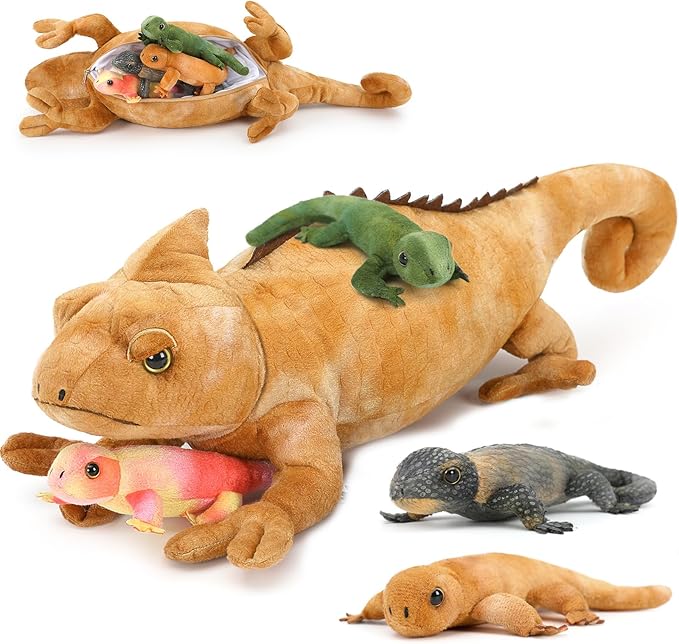5Pcs Giant Lizard Plush, 27" Mother Iguana Stuffed Animal with 4 Baby Lizard Plushies, Bearded Dragon Plush Toy for Kids Reptile Lovers, Yellow Stuffed Chameleon for Christmas Birthday Gift