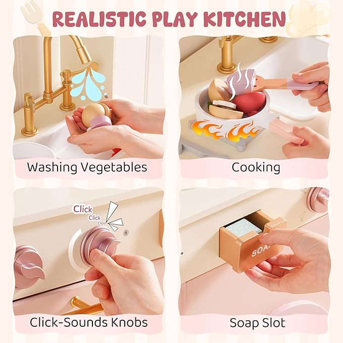 ROBOTIME Kids Play Kitchen, Modern Pretend Wooden Toy Kitchen with Ice Maker, Coffee Maker, Oven, Microwave, Toaster, Stove, Dishwasher & Sink, Complete Kitchen Playset for Ages 3+ (Pink)