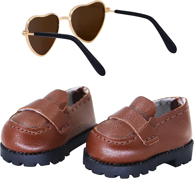 Suitable for 17cm Doll Trendy Small Leather Shoes Paired with Heart Shaped Sunglasses Cute Outfit Two-Piece Set (Matte Brown)