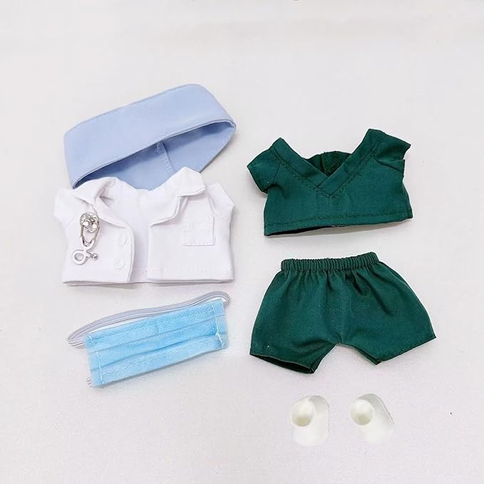 2026 New Doctor Clothes for 17cm Dolls, Doctor Outfit Set with White Coat, Green Scrubs, Cap, Mask & Shoes for Dolls (Doll Not Included)