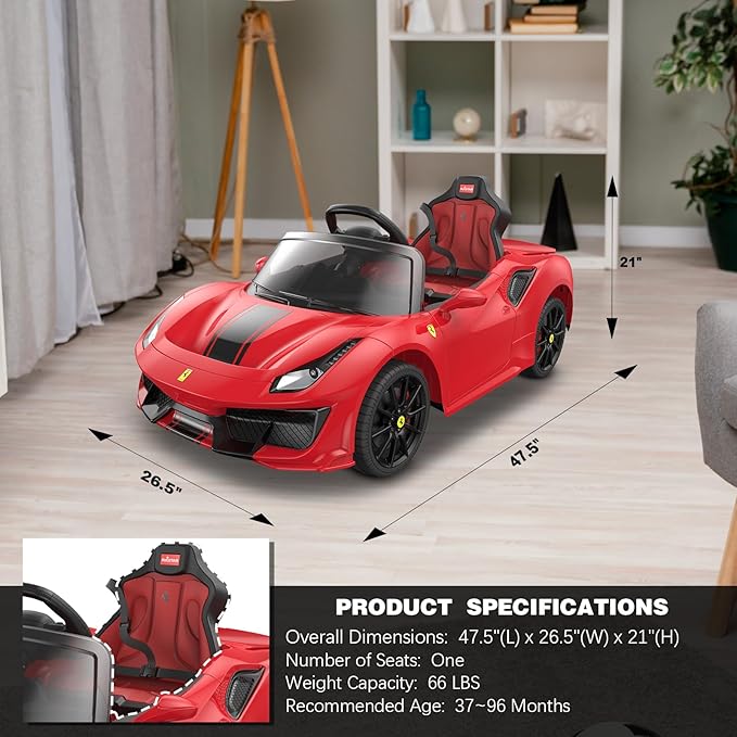 DIKEP 12V Kids Electric Ride On Car, Licensed Ferrari 488 Pista Spider Powered Ride On Toy Vehicle with Remote Control, Speaker, Openable Doors, Leather Seat, Spring Suspension, LED Lights, MP3, Red