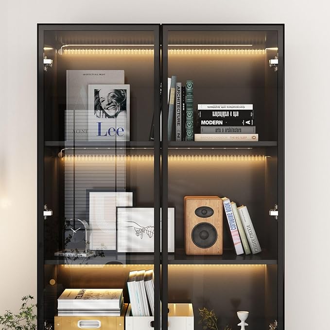 FAMAPY Display Cabinet with 2 Glass Doors and Lights, Display Case Cabinet with 4-Tier Storage Shelves and 2 Drawers, Pop-up Design, for Collectibles, Black (31.5”W x 14.2”D x 78.7”H)