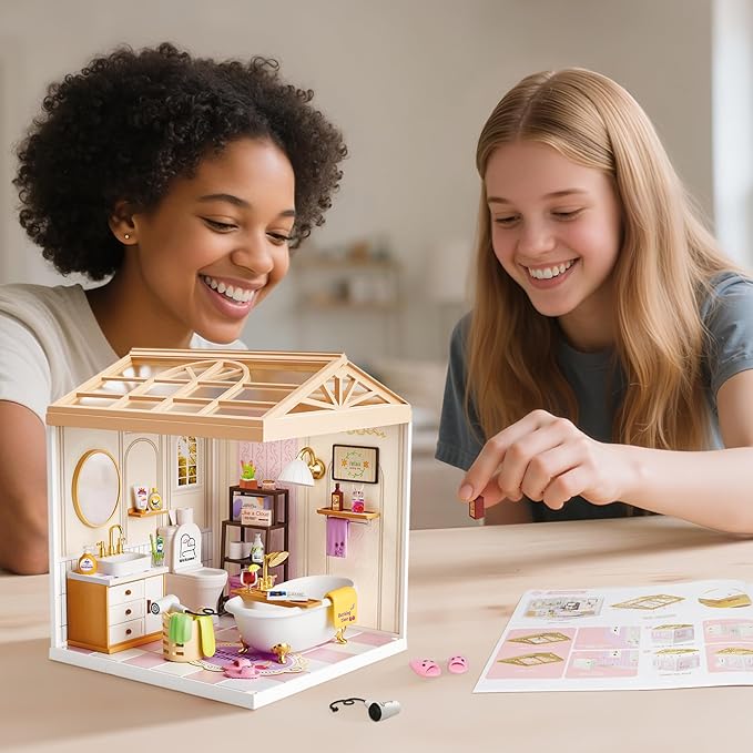 DIY Miniature House Kit with Roof & Dust Covers, Creative Construction Toys with Light & Furniture for Mini Figures, Christmas Decoration Gift for Teens Adults (Bathroom)