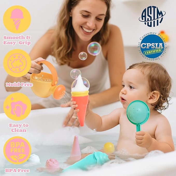 Baby Bath Toys for Kids Ages 1-3 6 PCS Ice Cream Toddler Bath Toys Mold Free Bathtub Water Shower Toys for 1 2 3 4 5 6 Years Old Girls Boys Birthday Gifts