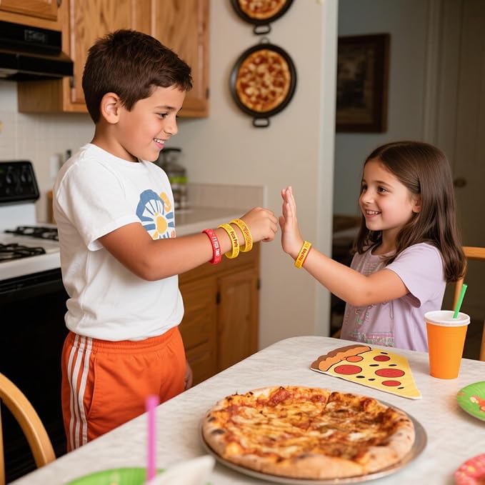 Lesnala 48 Pcs Pizza party favors silicone bracelets 6 Styles Pizza themed rubber wristbands Pizza day colorful stretch wristband for Women Men Party Decorations Kids School Prizes