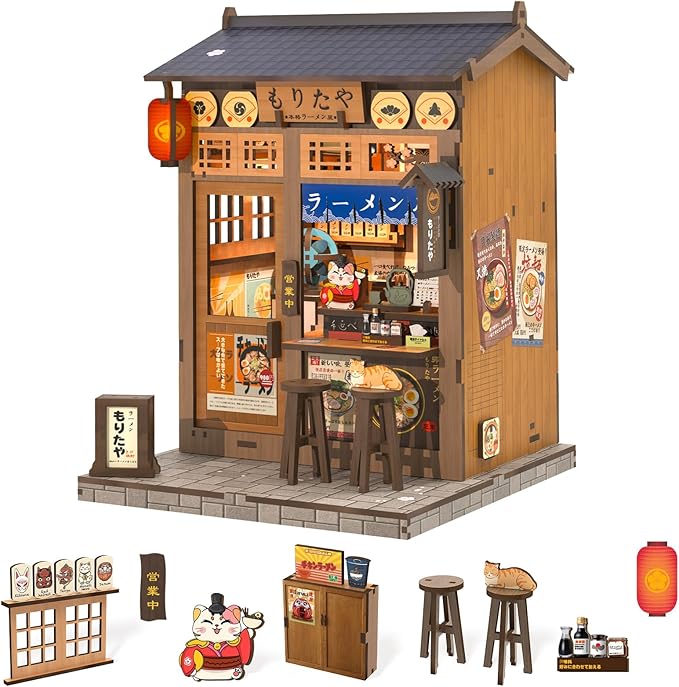 Fsolis Japanese Book Nook Kit - DIY Miniature Scene House Kit, 3D Puzzles for Adults Japan Noodle Shop Tiny House Booknook Craft Bookshelf Decor, Gifts for Women Model Lovers (Morita-Ya Ramen)