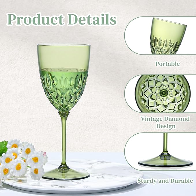 SKLENICE 24 pcs Plastic Green Wine Glasses Set 7.4oz Detachable Small Wine Goblet Champagne Flutes Unbreakable Vintage Diamond Stemware Mimosa Drinking Glassware for Wedding Christmas Event Party