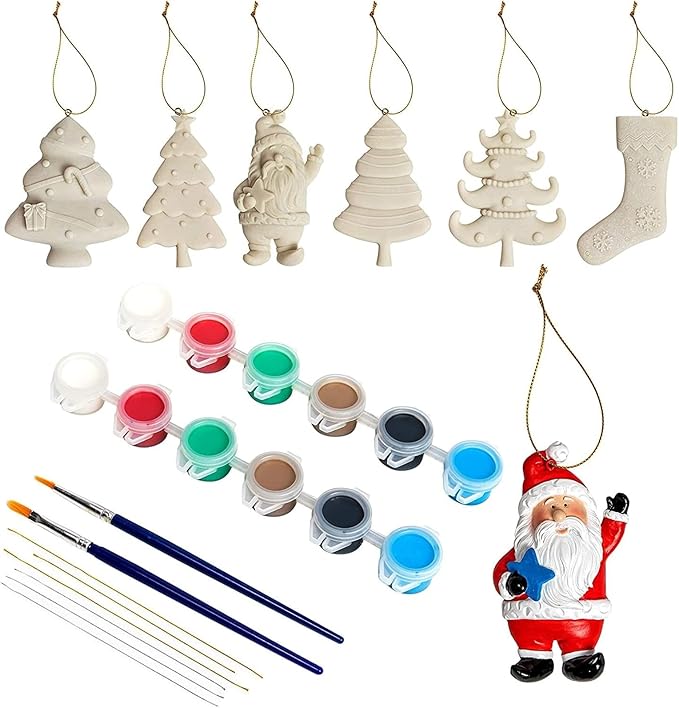 Bright Creations Ceramic Christmas Ornaments to Paint DIY Kit - 6 Unpainted Bisque Pieces (Tree, Santa & Stocking) - 12 Acrylic Paint Pods, 2 Brushes & Strings - Kids Ceramic Christmas Ornament Crafts