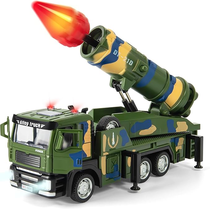 Military Missile Launch Truck Toy, with Lights Sounds and Pull Back Army Car, Alloy Die-cast Simulated Combat Vehicle Model Toy for Kids Age 3-6