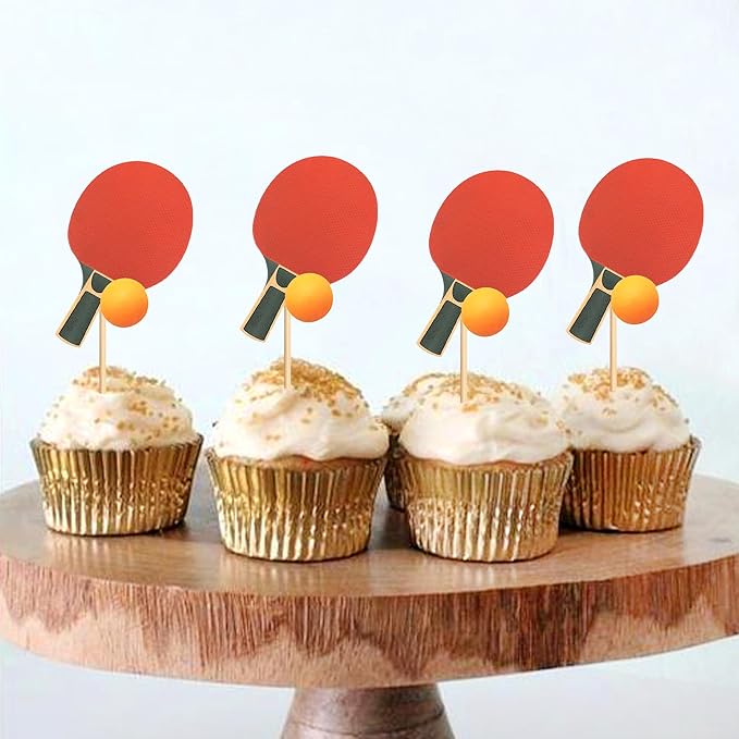 Ercadio 24 Pack Double Sided Table Tennis Cupcake Toppers Table Tennis Cupcake Picks Table Tennis Birthday Cake Decorations Baby Shower Table Tennis Sports Theme Party Cake Decorations, Red-2