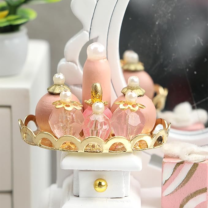 Gxsterd Dollhouse Makeup Vanity with Mirror & Perfume Tray 1/12 Miniature Dressing Table for Dollhouse Bedroom Furniture Decoration