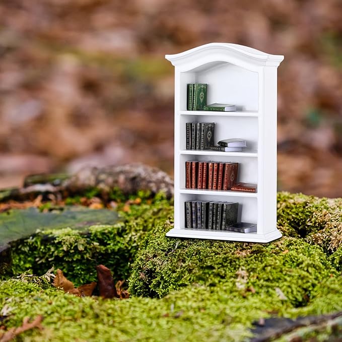 Poen 27 Pcs 1: 12 Scale Miniatures Dollhouse Books and a Wooden Bookcase 4 Floors Dollhouse Bookshelf Decoration Accessories for House Bedroom, White