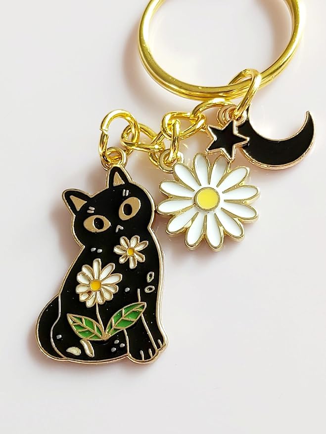 Agromusk Cute Cat Keychain, Enamel Flower Keyring Japanese Decor for Garden Cat Lovers, Kawaii Bag Charm With Sakura Flowers