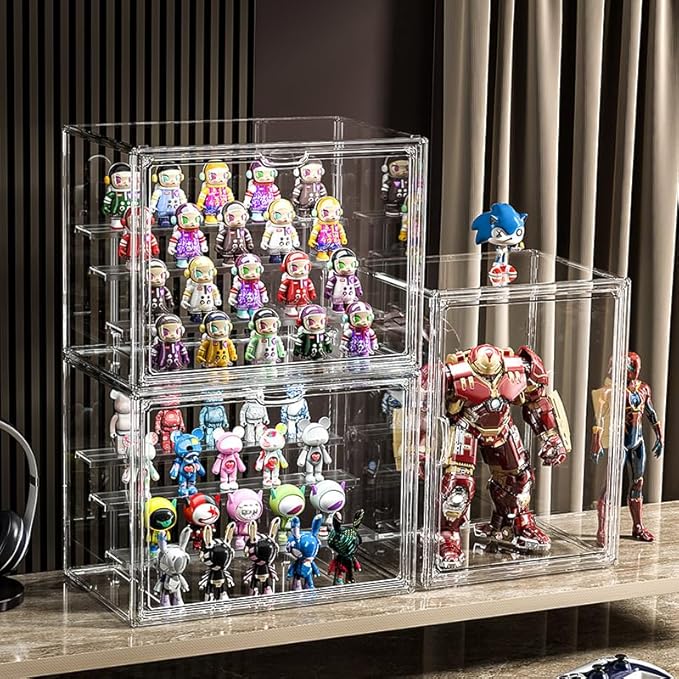Clear Acrylic Display Case, 4 Tier Acrylic Blind Box for Figures, Dustproof Storage Organizer with Magnetic Door for Action Figures, Stackable Collectibiles Showcase for Doll Toy Car Model