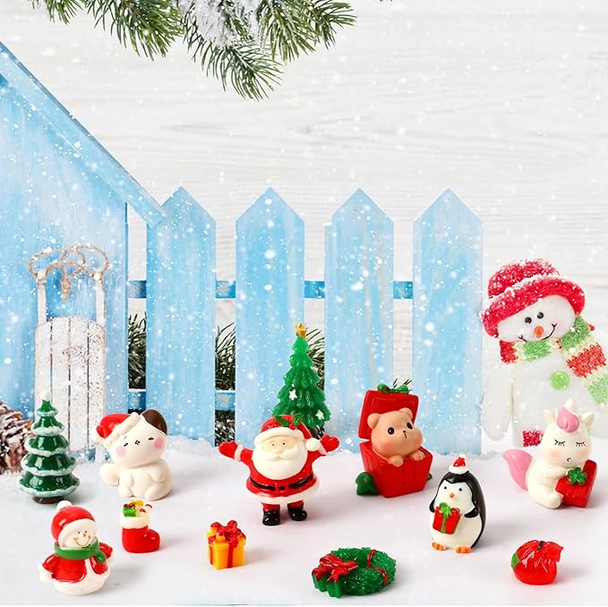 56Pcs Miniature Christmas Figurines, Xmas Mini Resin Figures Santa Elk Penguin Snowflake Tiny Ornaments for Snowglobe DIY Christmas Village Dollhouse Decor