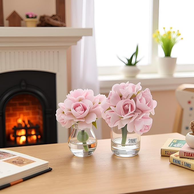 2 Pcs Pink Dollhouse Miniature Flowers Dollhouse Mini Vase with Flower Dolls House Flower Glass Vase 1:12 Scale Dollhouse Miniature Flower in Vase, Lightweight Dollhouse Decor