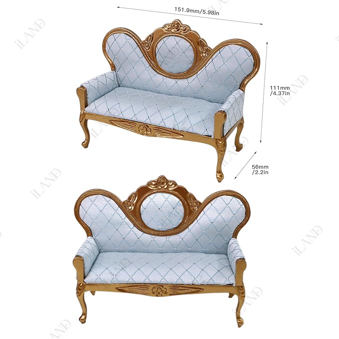 iLAND Victorian Dollhouse Furniture Set, Doll House Furniture and Accessories, Miniature Dollhouse Sofa with 1/12 Scale Accessories 8pcs, Mothers Gift, Wife Gift, Bookshelf Décor (Gold & Blue)