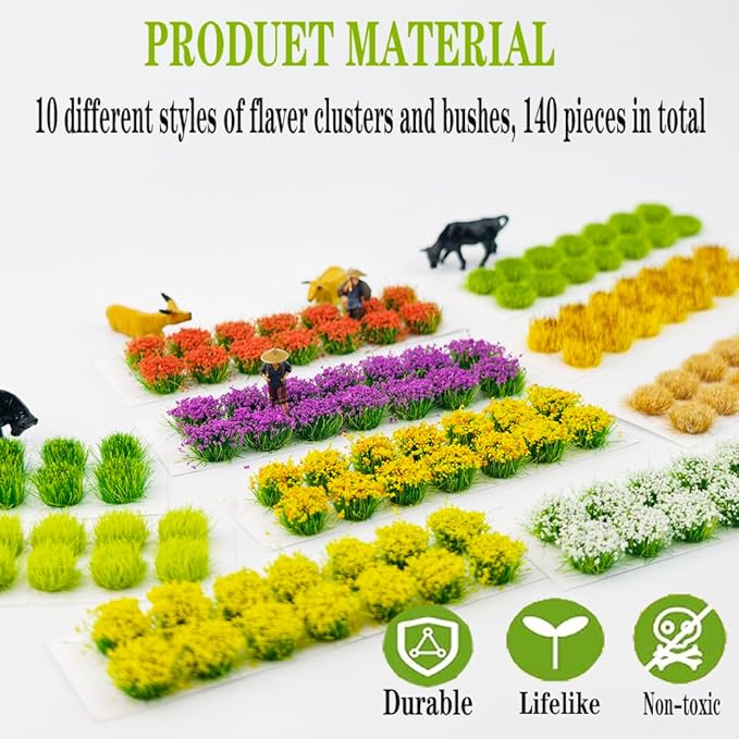 140Pcs DIY Miniature Colorful Flower Cluster Self Adhesive Flower Vegetation Groups Static Grass Tufts for Train Landscape Railroad Scenery Sand Military Layout Model Miniature Bases and Dioramas