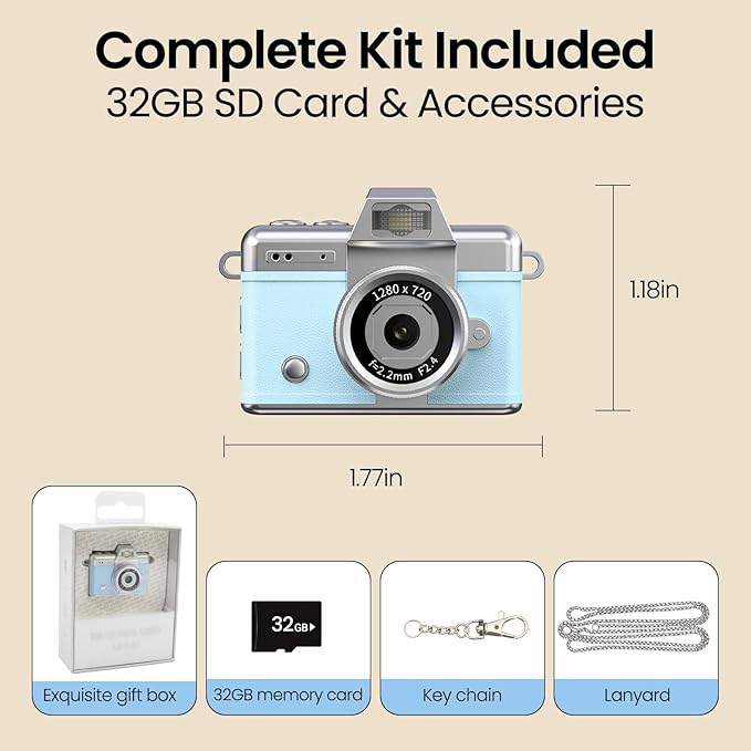 Mini Keychain Camera,2K Retro Digital Camera with 1.47‘’ Flip Screen & Built-in Flash for Selfies - Includes 32GB SD Card, Strap - Perfect for Travel, Concert, Vlogging