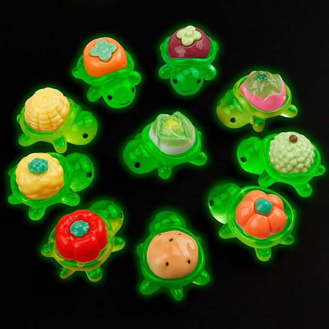 Mini Resin Turtle Figurines, Glow in The Dark Whimsical Fruit Vegetable Turtle Figures, Mini Plastic Sea Animals for Hide and Seek (100 Pcs Small)