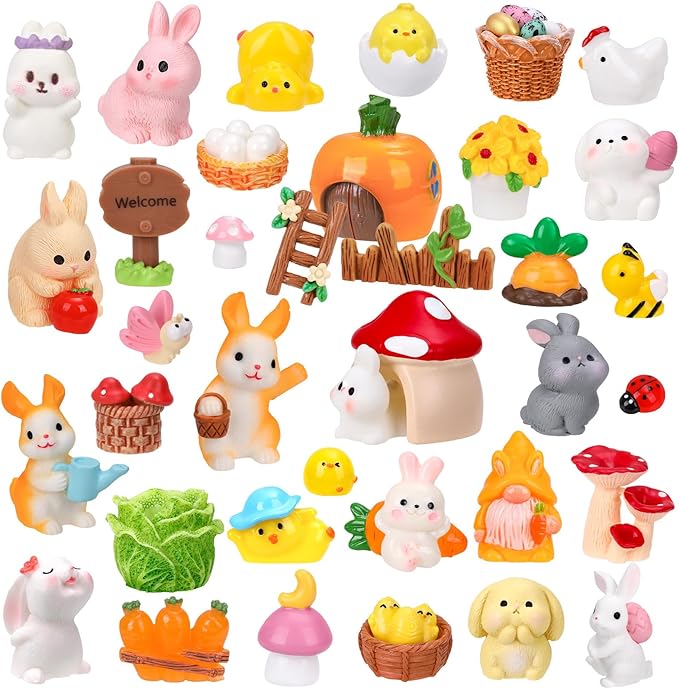 56 Pcs Easter Mini Resin Figures 56 Style Little Figures to Hide Tiny Small Bunny Chick Basket Carrot Bulk Miniature Figurines for Easter Egg Fillers Party Favors Fairy Garden Dollhouse Table Decor