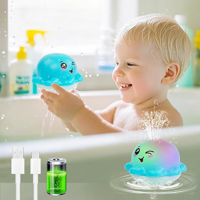 ArtCredit Light Up Bath Toy Sprinkler for Babies, Rechargeable Bathtub Pool Water Toys Baby Gifts for Toddlers, Shower Essentials (Blue Octopu)