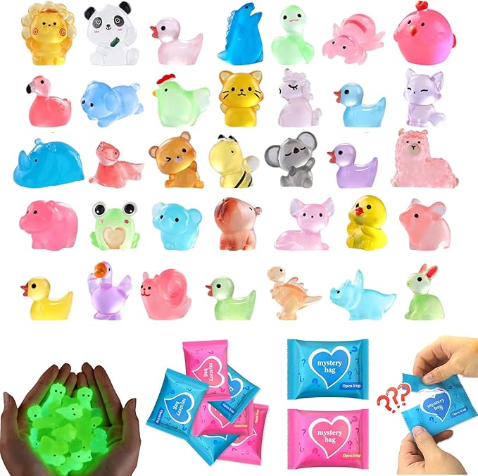 100 Pcs Blind Bags Mystery Resin Animals: Mini Glow In The Dark Resin Animals Mystery Bags For Resin Craft Fairy Garden Dollhouse Décor Collectible Mini Resin Figures Christmas Gift