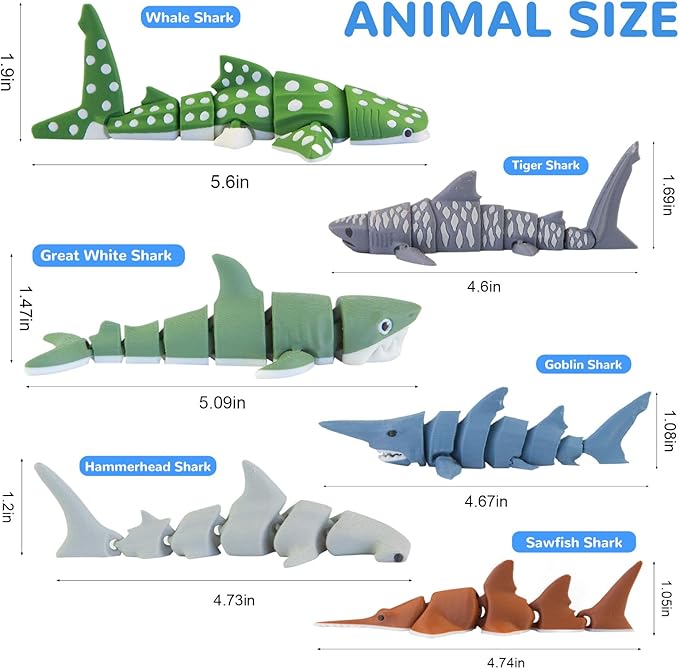 6PCS 3D Printed Shark Figurines Toys for Kids Toddlers, Realistic Ocean Sea Animals Bath Toys Fidget Toys Cake Toppers Shark Party Decorations Christmas Birthday Gift for Boys Girls