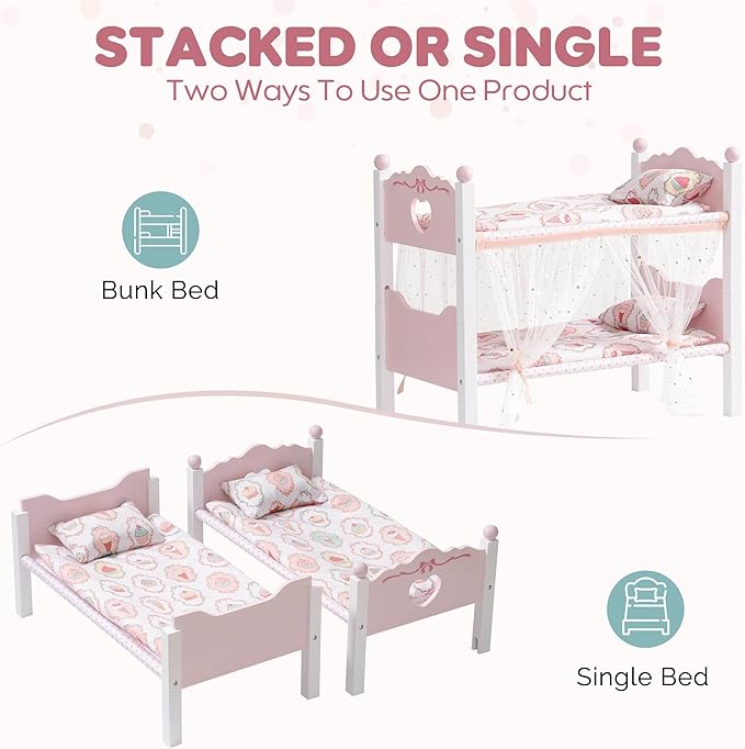 ROBOTIME Baby Doll Bunk Beds, Wooden Baby Doll Crib with Starry Curtain, Stackable Toy Crib for 18 Inch Dolls, Doll Bed Playset with Bedding Accessories, for Kids 3+ (Pink, 2 Pcs Beds)