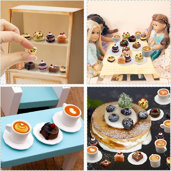Hiawbon 24 Pcs Miniature Food Kitchen Decoration Sets 1:12 Miniature Coffee Mugs Cakes Dessert Model Pretend Coffee Food Miniatures Decor Cake Toppers for DIY Mini Kitchen Micro Landscape