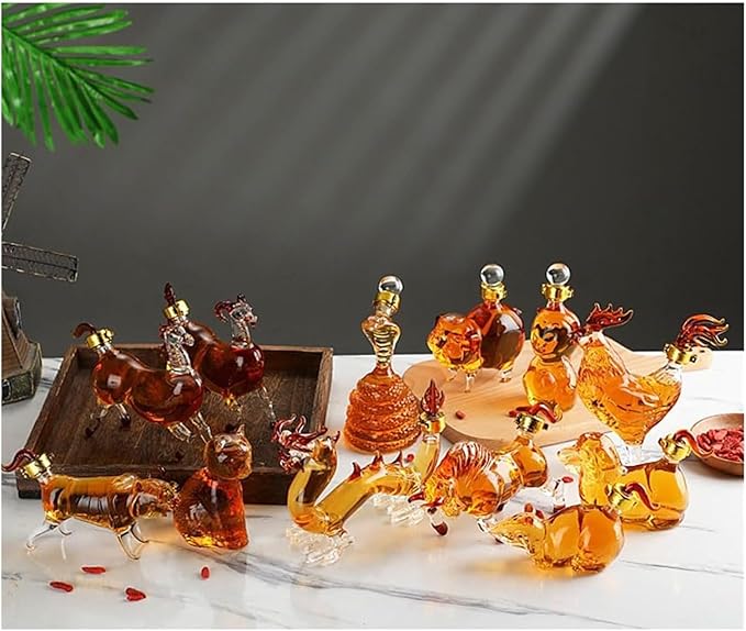 Chinese Zodiac Mini Whiskey Decanter Set of 12 with Stopper. Creative Animal Clear Glass Wine Bottle Miniature Liquor Dispenser for New Year (Size : 125ml x 12)